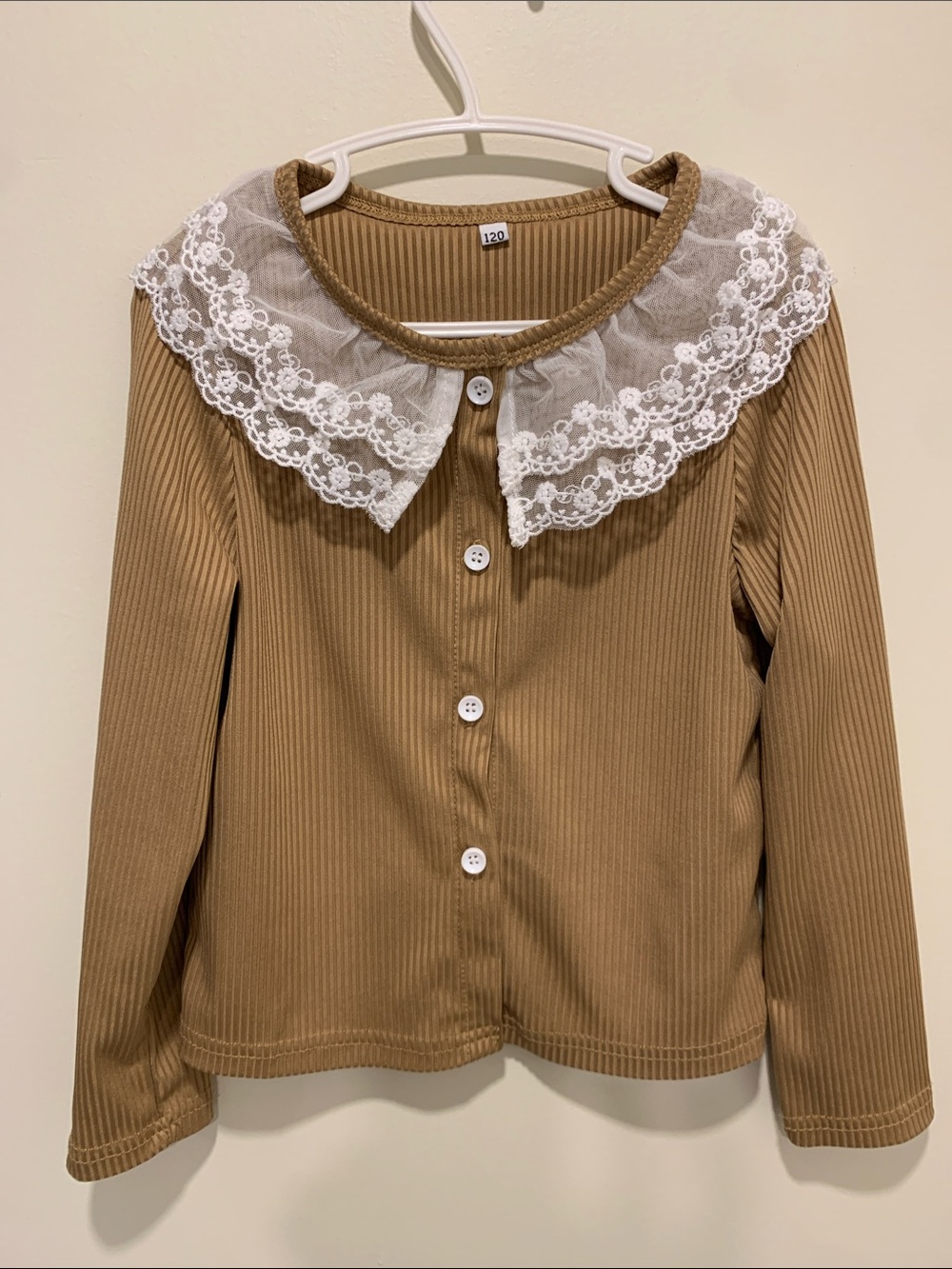 🌷2/$20🌷 Size 6 Dark Tan Ribbed Button-Up Cardigan with White Lace Collar